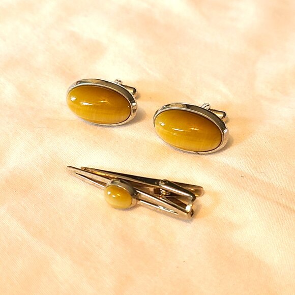 Vintage P.m.P. Cufflinks Tie Tack Clip Polished Stone Men's Accessories Set - Picture 6 of 9